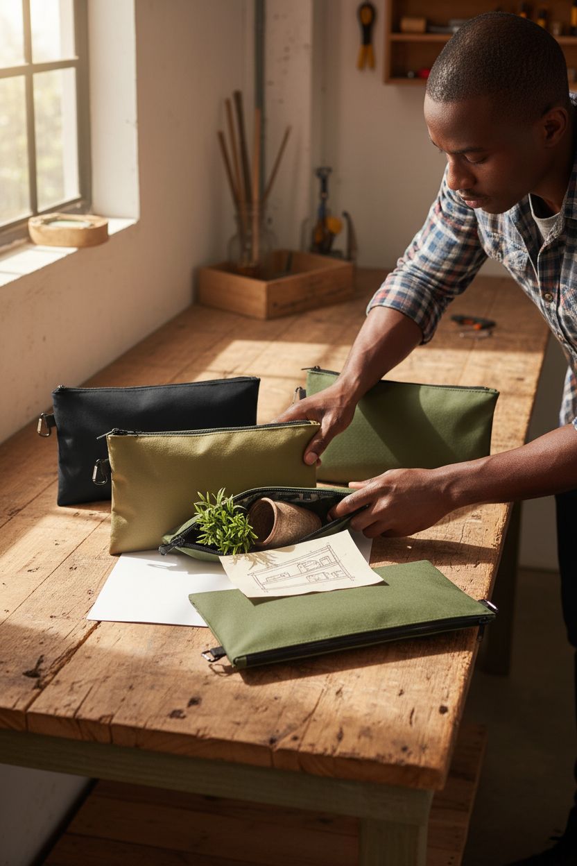 Three COIDEA zipper pouches in black, tan, and navy green arranged on a wooden workbench