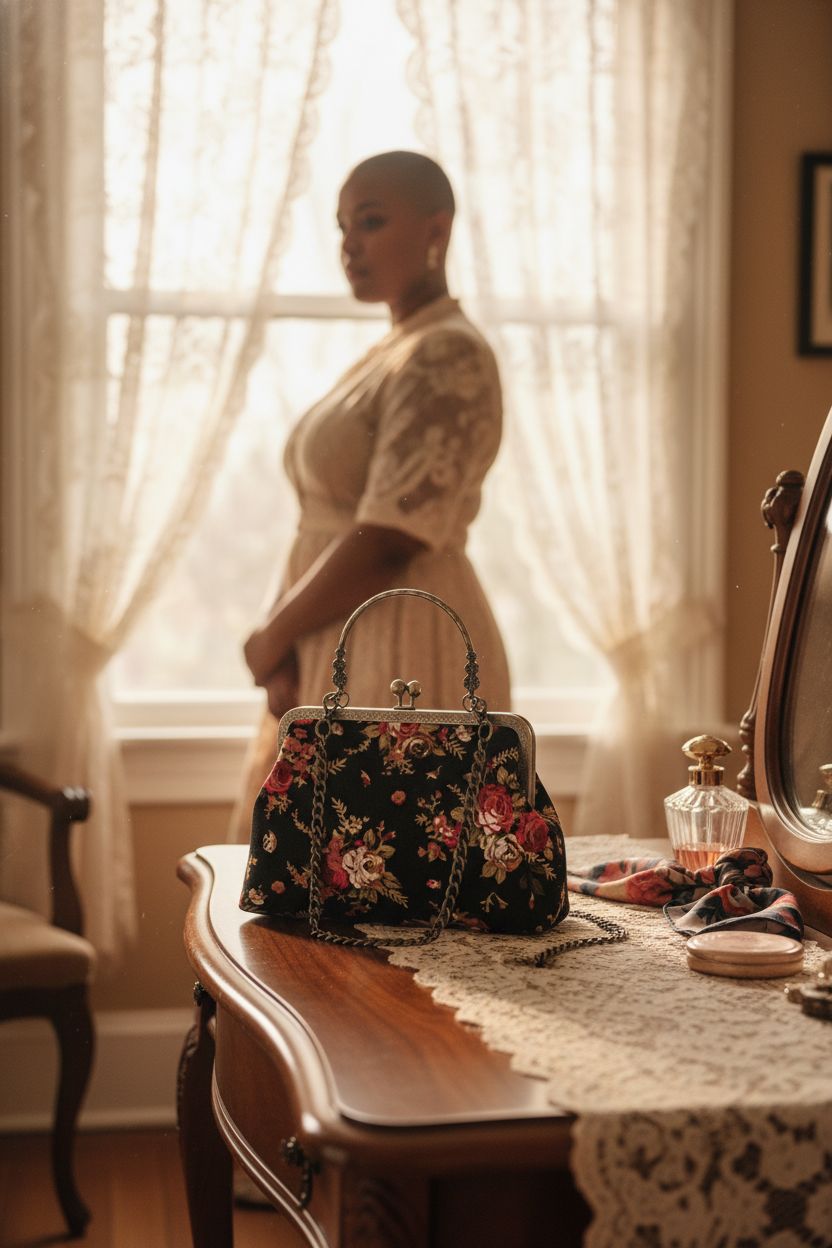Abuyall floral handbag resting on a walnut vanity in a sunlit vintage dressing nook