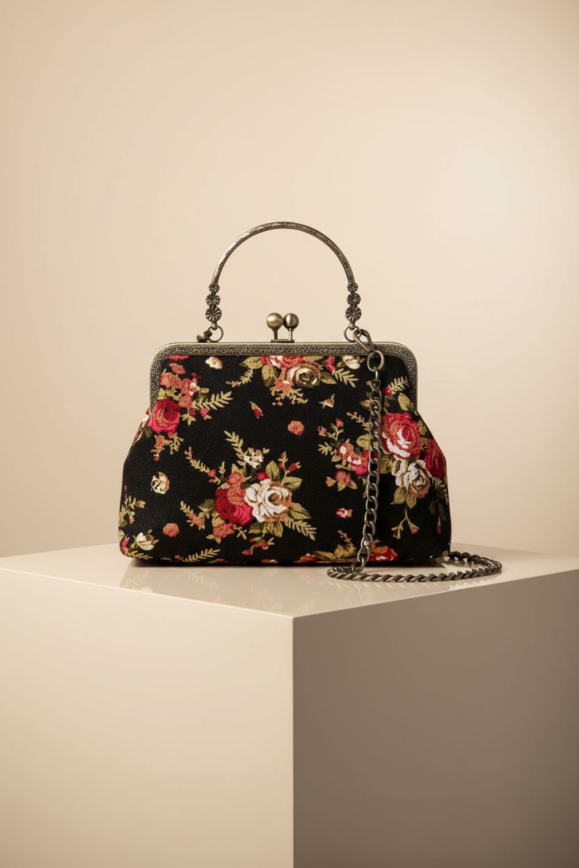 Close-up of Abuyall vintage handbag, highlighting floral print and elegant design