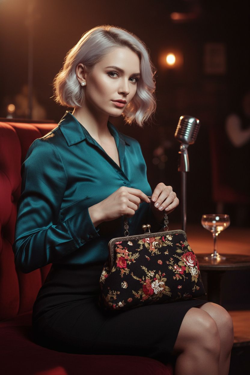 Abuyall black floral kiss-lock purse in a jazz lounge setting, vintage 1940s style