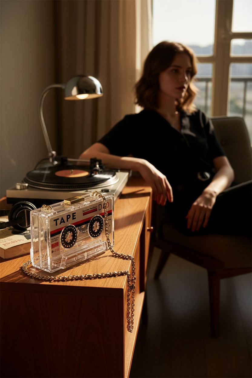 QZUnique Tape Shaped Bag styled in a cozy retro listening nook, perfect for vintage vibes.