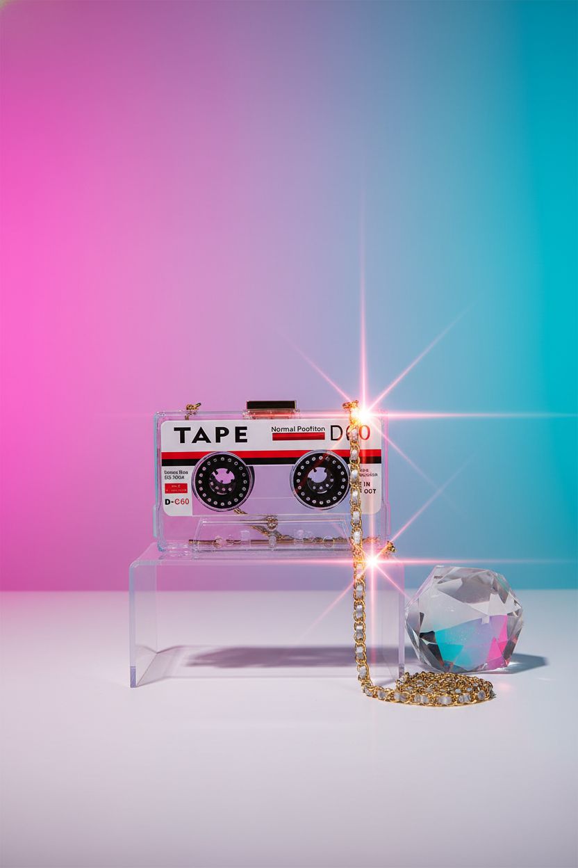 QZUnique Tape Shaped Shoulder Bag on a sleek studio set, showcasing its polished finish.