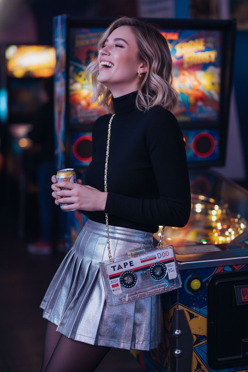 QZUnique Tape Shaped Shoulder Bag in a retro arcade setting, showcasing its sleek design.