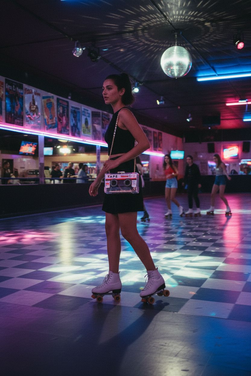 QZUnique Clear Acrylic Bag at a vibrant roller rink, highlighting its playful 80s style.
