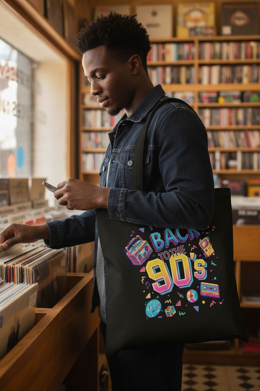 Ialtsidws Back To The 90's aesthetic canvas tote bag in cozy record shop setting.