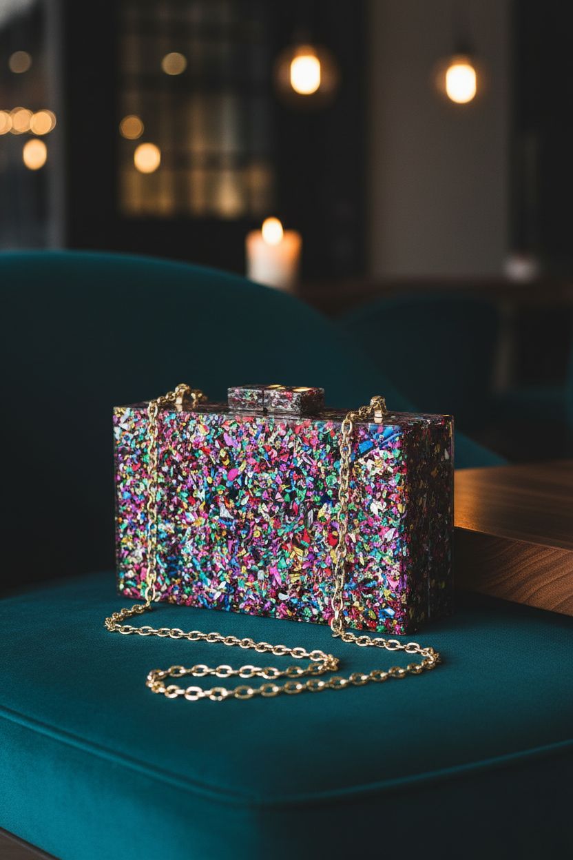 Cozy lounge scene featuring Gets multicolor acrylic handbag with warm candlelight ambiance.