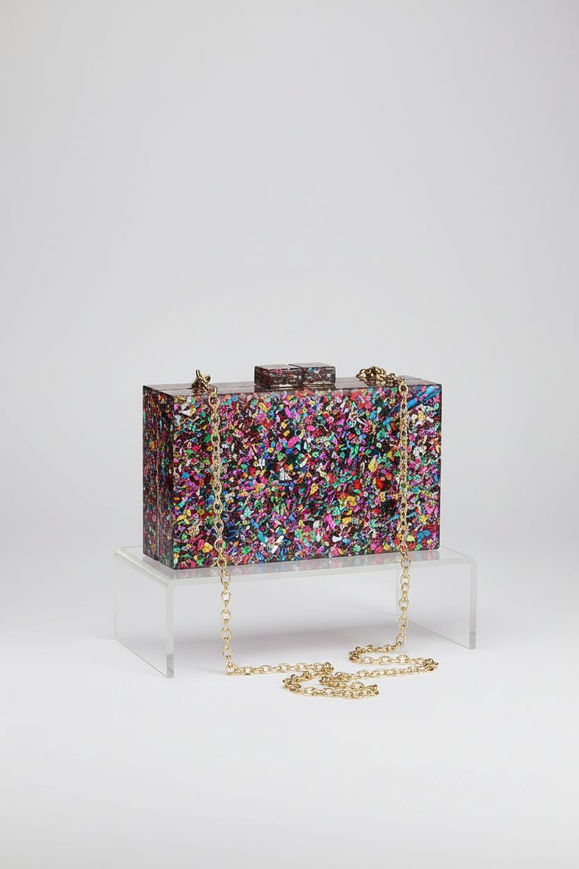 Product showcase of Gets multicolor acrylic box handbag on a minimalist display.