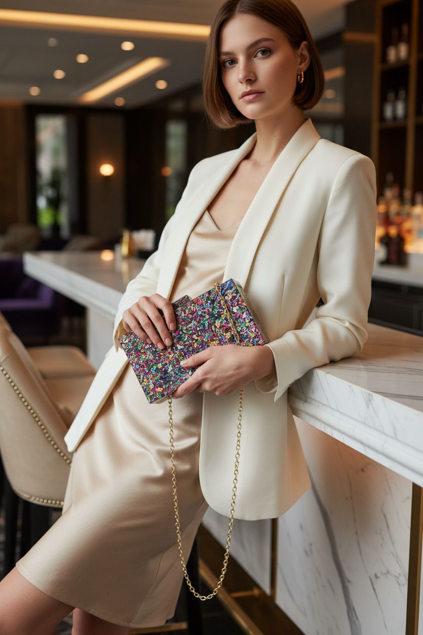 Elegant multicolor acrylic clutch by Gets, showcasing geometric patterns in a luxe bar setting.