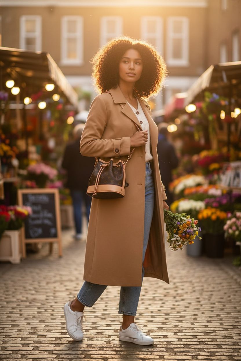 Affordable designer monogram bucket bag in khaki coffee color, styled for an outdoor market setting.