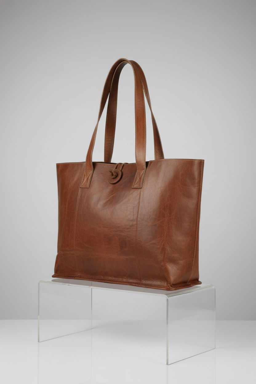 Vintage Crafts leather tote bag displayed on acrylic riser, highlighting its smooth texture and stylish design.