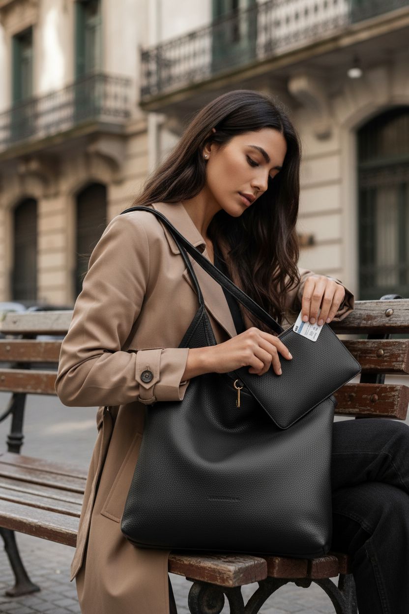 Montana West hobo bag with zipper pouch on a city bench