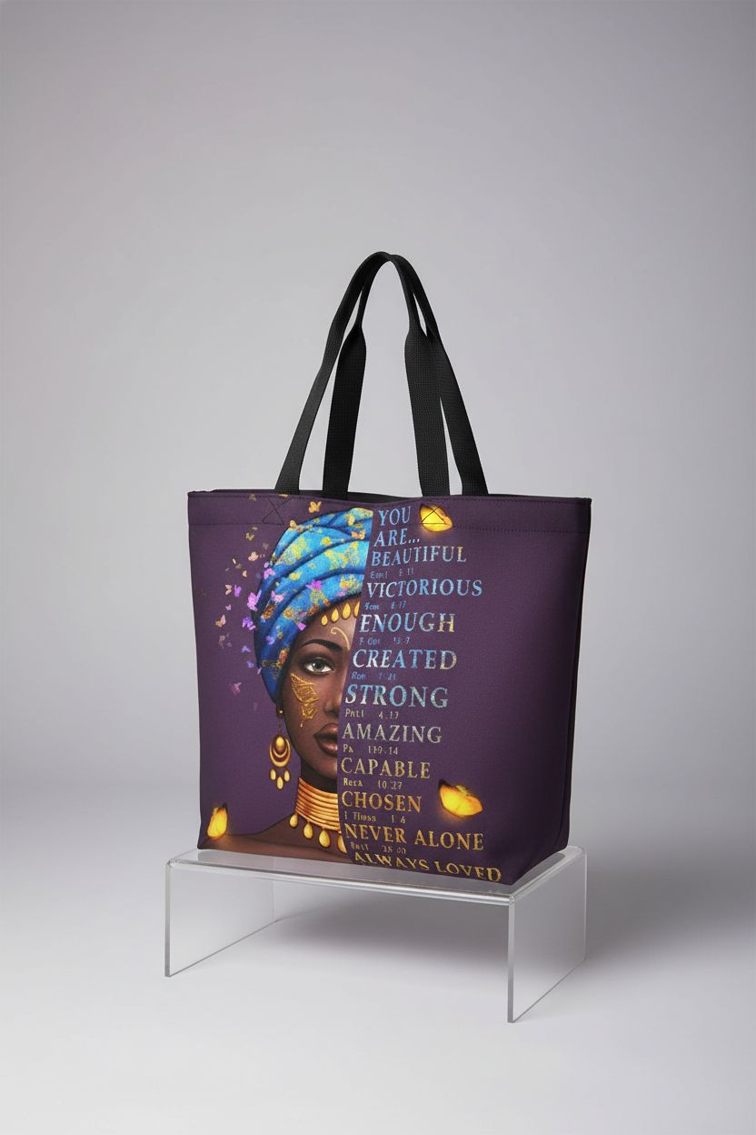 IAGM Black Women's Tote featuring a sleek design and vibrant African art on a light backdrop.