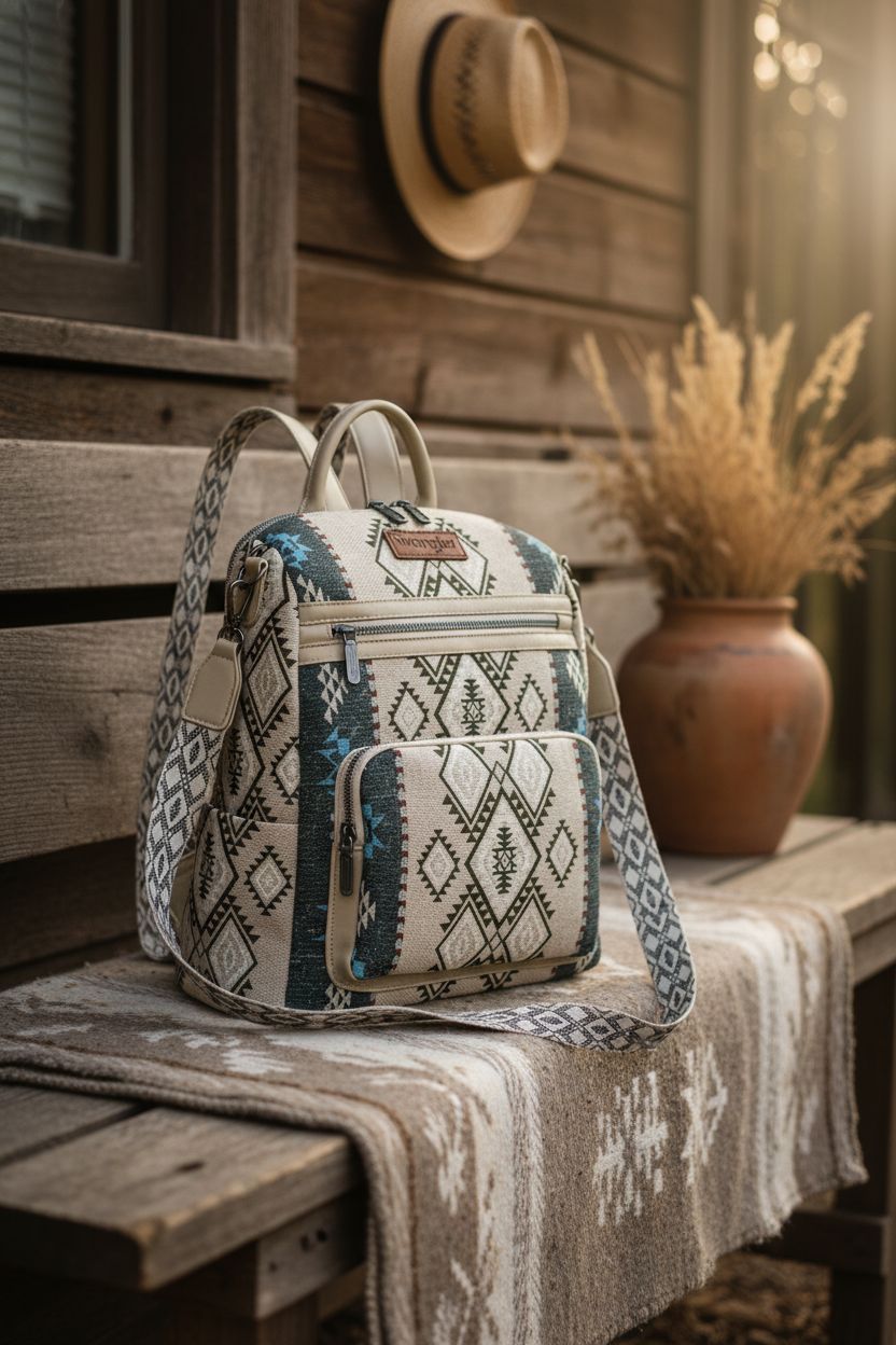 Montana West Aztec purse resting on a wooden bench in a cozy cabin setting.
