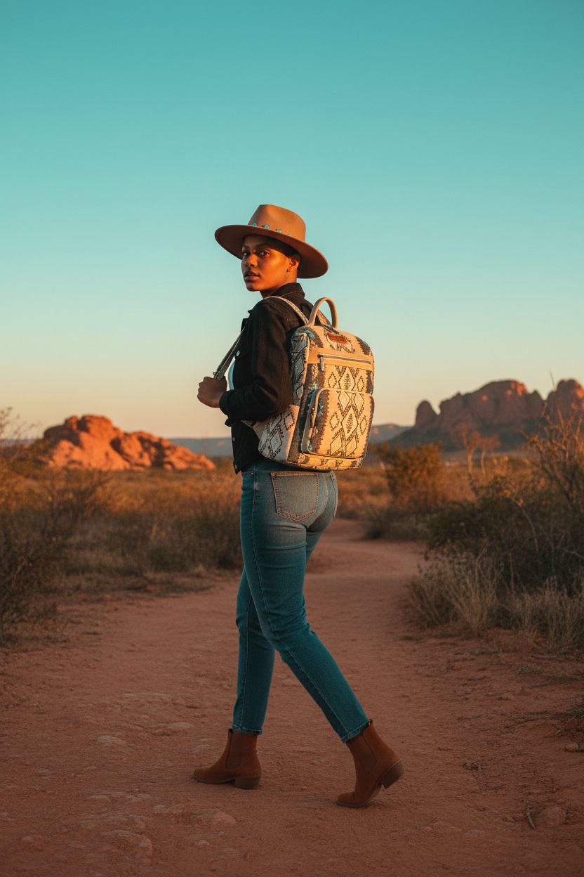 Montana West Aztec bag worn as a backpack on a Southwestern trail, perfect for travel.