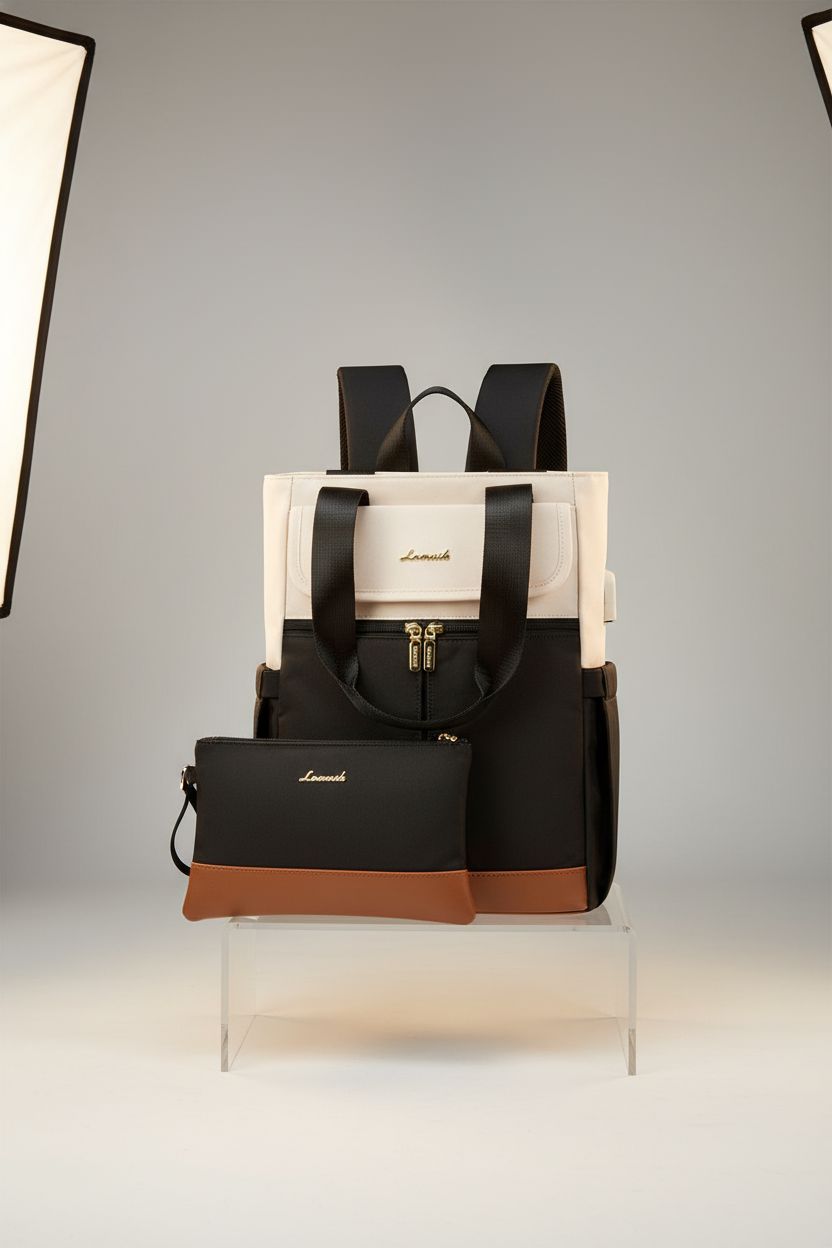 LOVEVOOK black-cream backpack purse and matching clutch showcased in a clean studio setting.