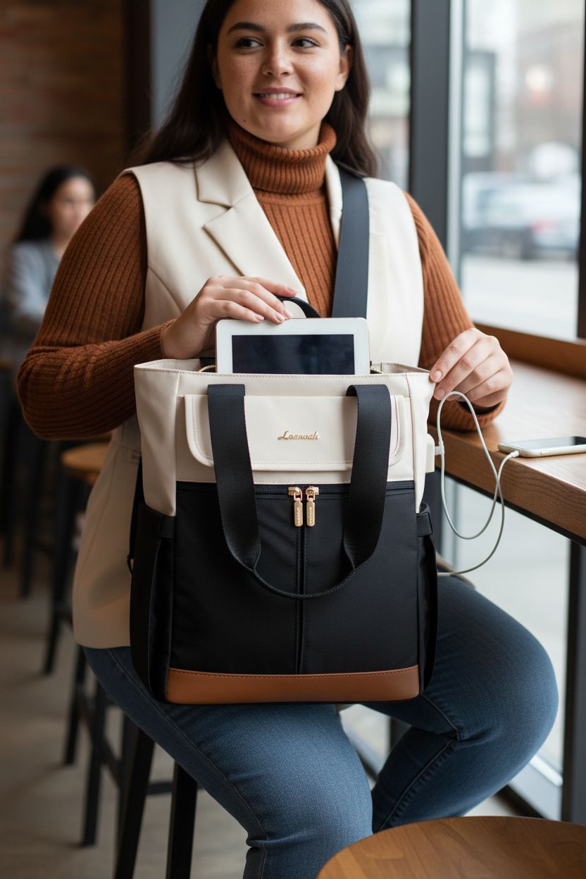 LOVEVOOK backpack purse in black-cream, stylishly displayed on a café stool with phone charging.