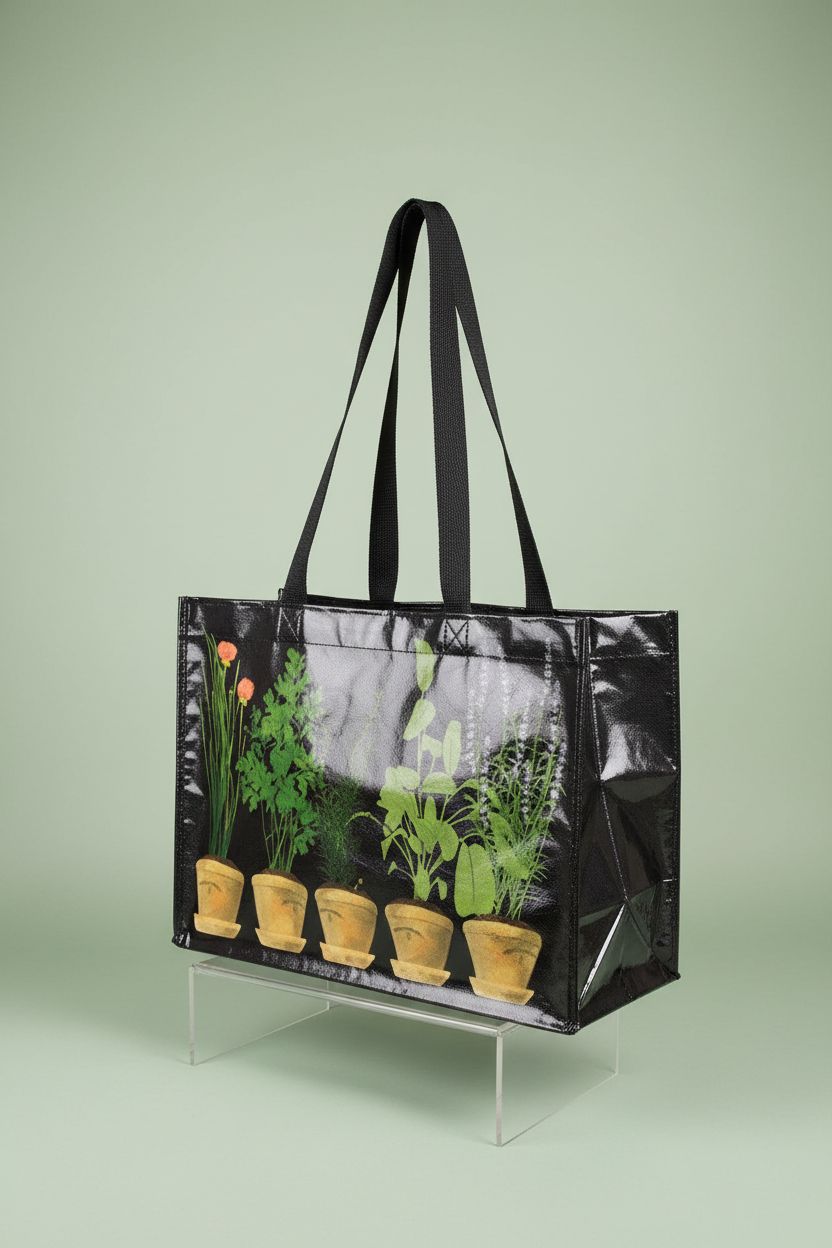 Close-up of Linnea Design reusable grocery bag on a sage backdrop, highlighting its reinforced bottom and recycled finish.