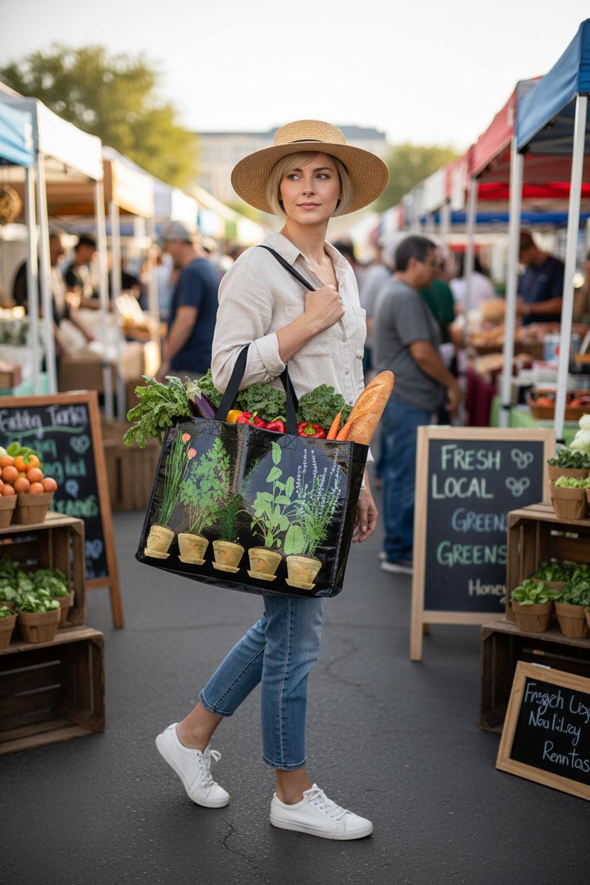 Black Linnea Design recycled tote with green plant graphics, filled with colorful vegetables at a farmers market.