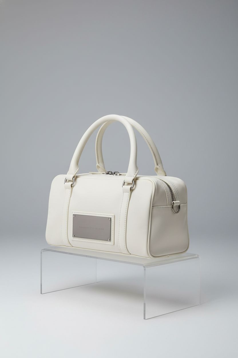 Matin Kim Baby Sporty Tote Bag in ivory, showcased on an acrylic riser against a gray backdrop.