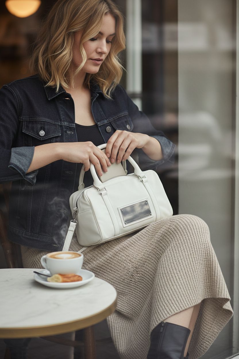 Matin Kim Baby Sporty Tote Bag in ivory, stylishly zipping closed at a café window.