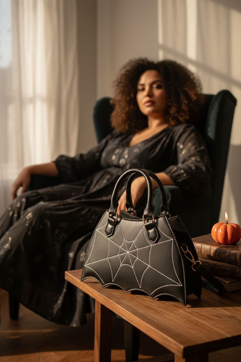Canpto Bat Wing Shoulder Bag on a vintage table, surrounded by gothic-chic decor in soft afternoon light.