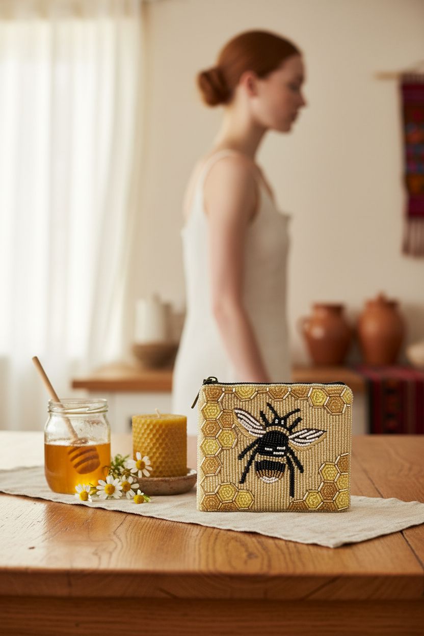 Bamboo Trading beaded coin purse on a rustic table, enhancing a cozy home setting.