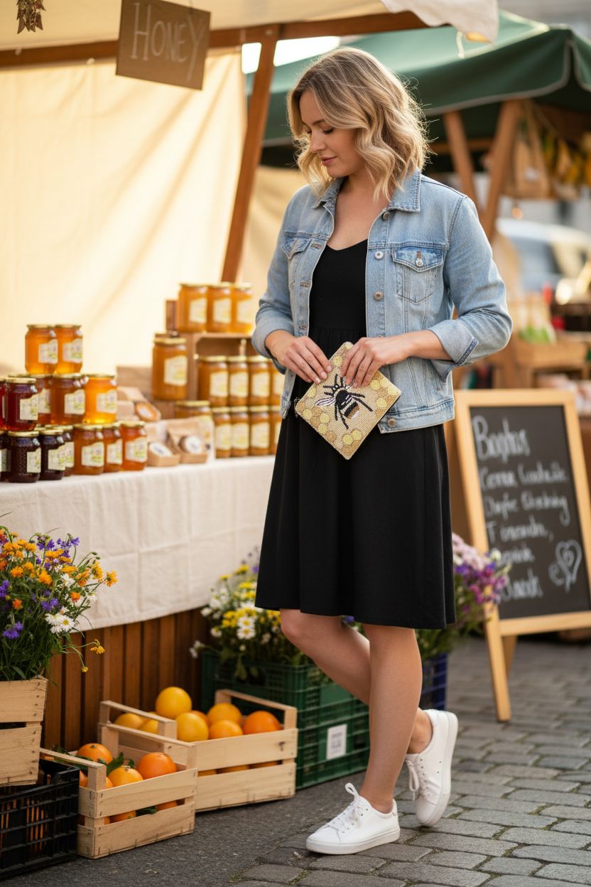 Beige-gold beaded coin purse by Bamboo Trading during a market visit, showcasing stylish design.