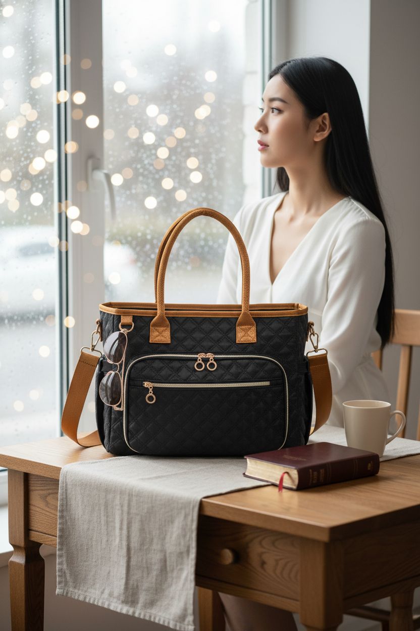 Derxizi tote on desk with a Bible and mug, cozy rainy day atmosphere, water-resistant