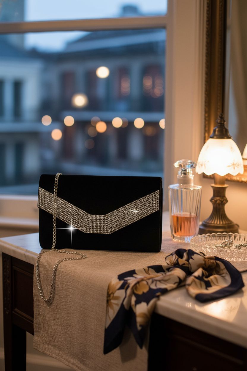 Dasein evening clutch on a marble vanity, surrounded by elegant accessories, capturing a romantic ambiance.