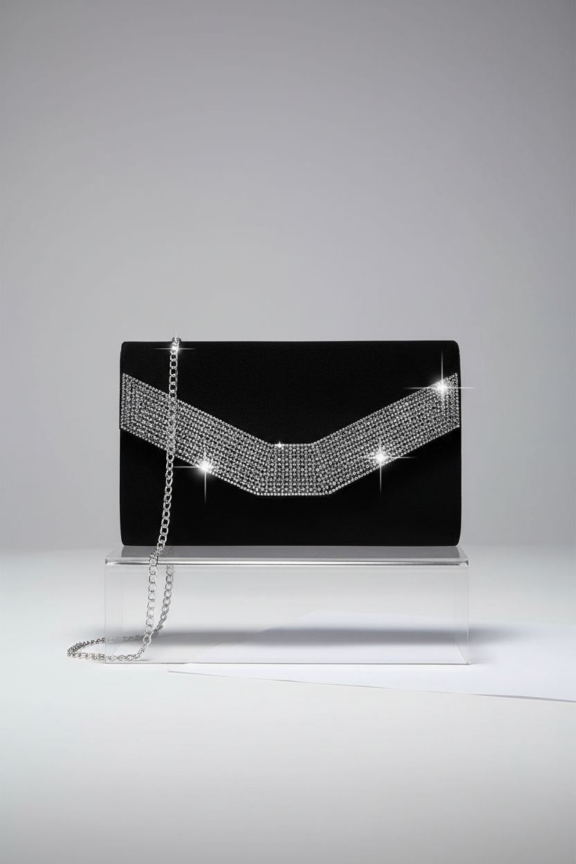Dasein black and silver purse showcased in a minimal studio setting, highlighting its luxurious details.