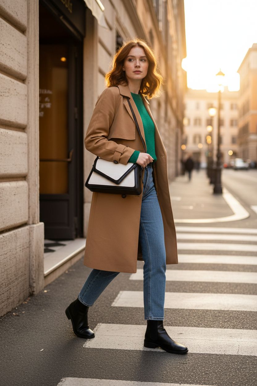 QWINEE black and white crocodile-embossed shoulder bag in urban setting