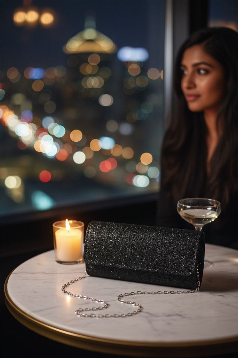 Black glitter clutch by lovyoCoCo on a marble table in a cozy cocktail lounge ambiance.