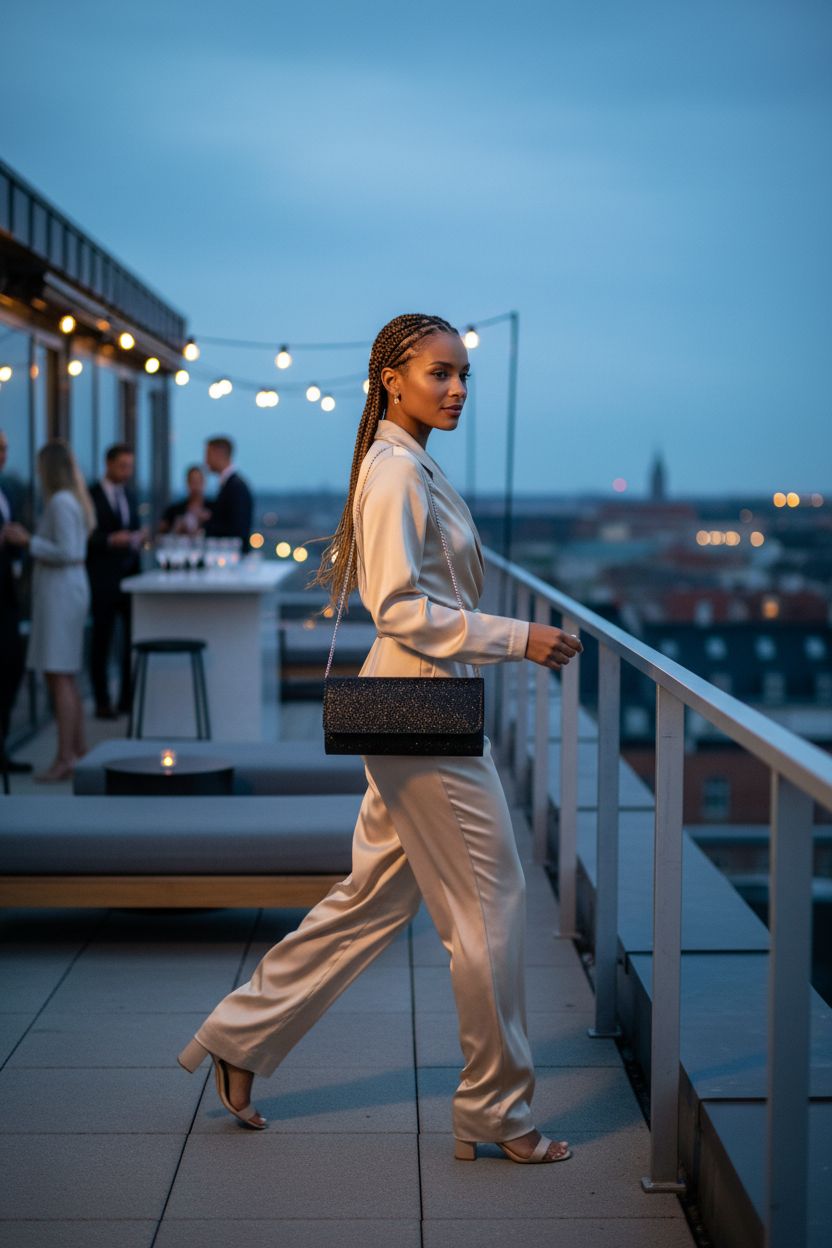 Black glitter clutch by lovyoCoCo worn crossbody against a beautiful city skyline at dusk.