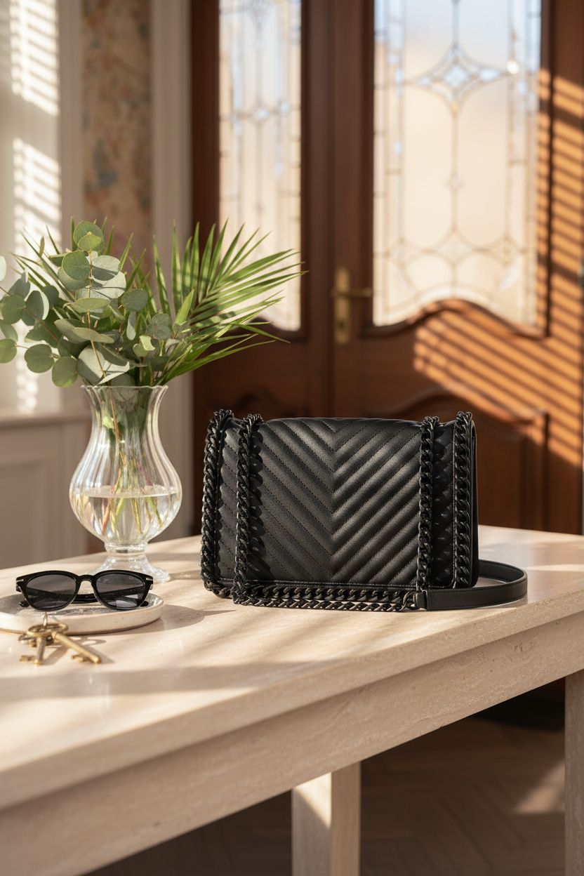 Elegant ALDO black crossbody bag on a console with greenery, ready for a day out.