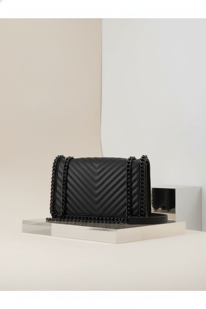 Close-up of ALDO black crossbody bag highlighting its chevron quilting and matte hardware.