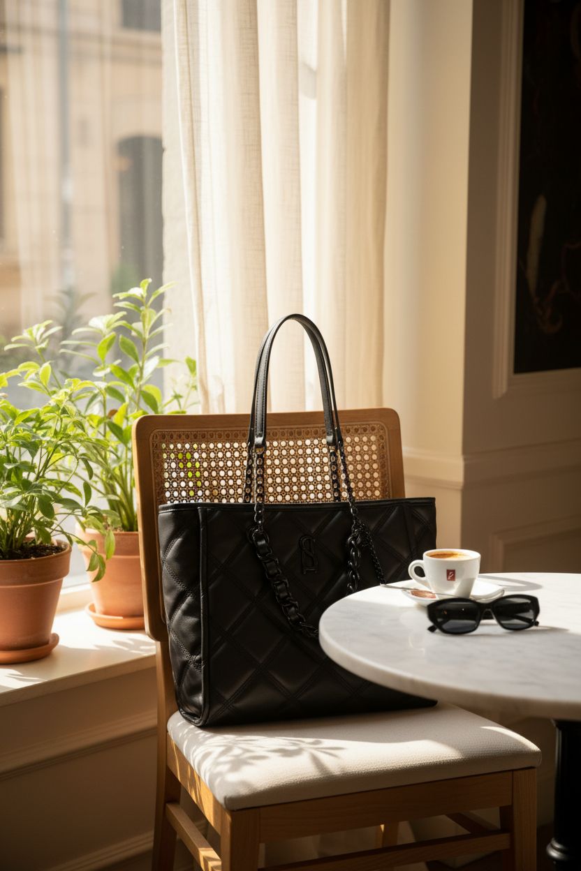 Steve Madden BKATTT black quilted tote resting in a cozy café setting.
