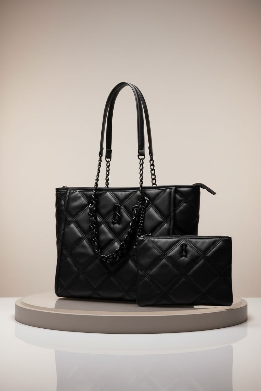 Steve Madden BKATTT black designer tote bag showcased on a studio backdrop.