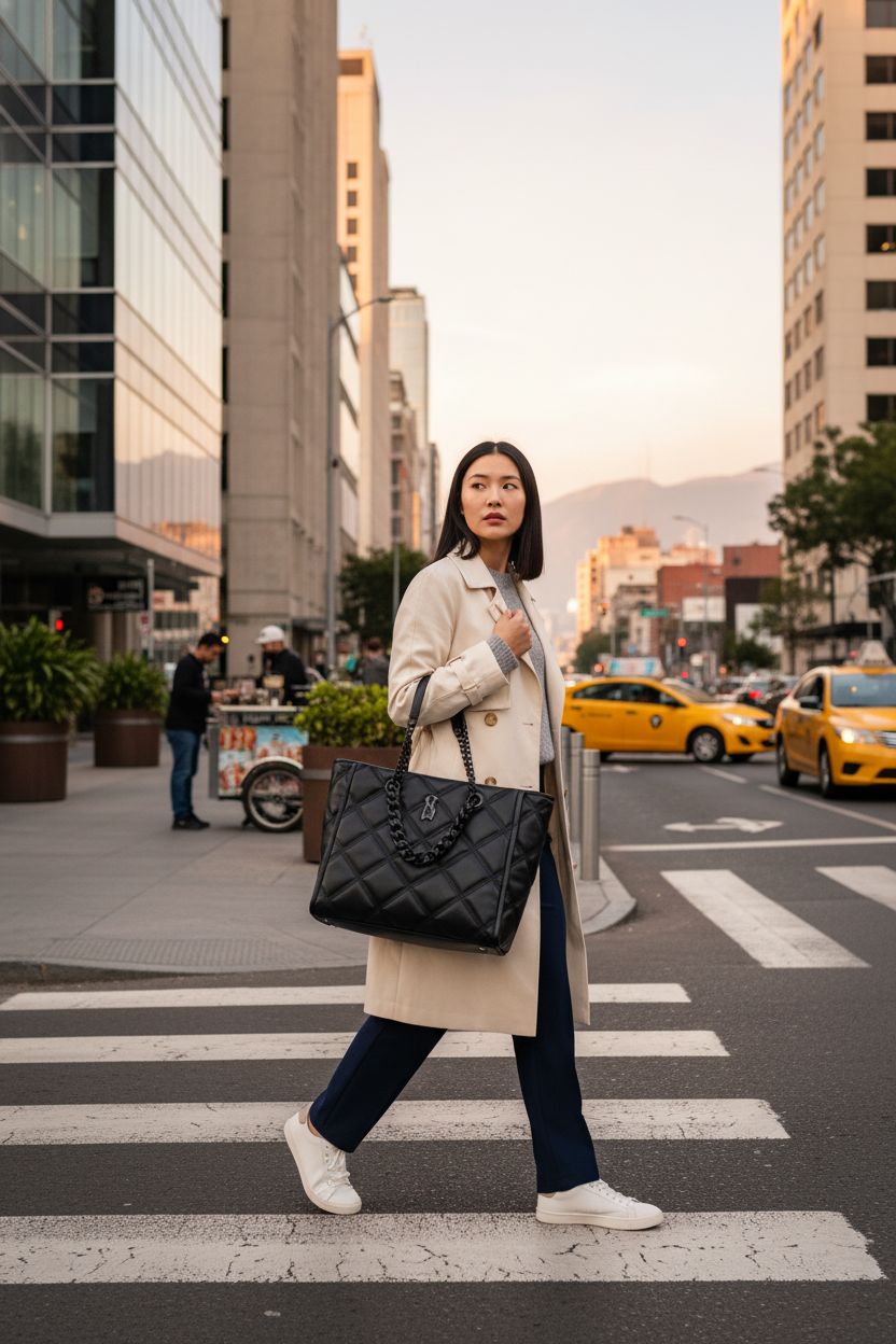 Chic black quilted Steve Madden tote bag on shoulder during morning commute.