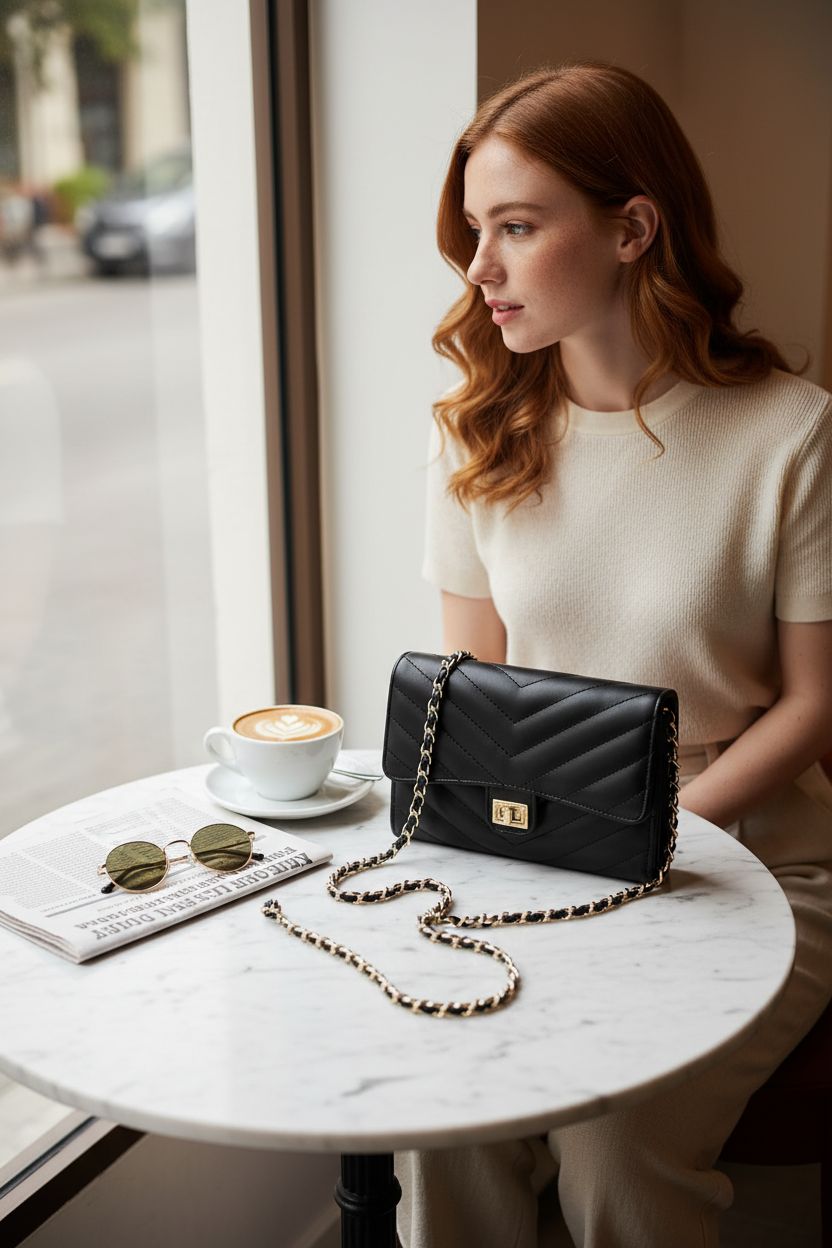 YAZEKOUS black purse in a cozy café, showcasing its elegant design and functionality.