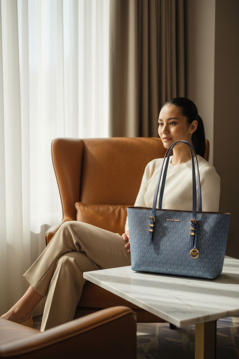 Michael Kors French Blue tote showcased in a boutique hotel lounge
