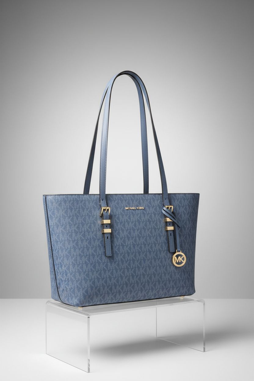 Product shot of Michael Kors French Blue tote highlighting its design features