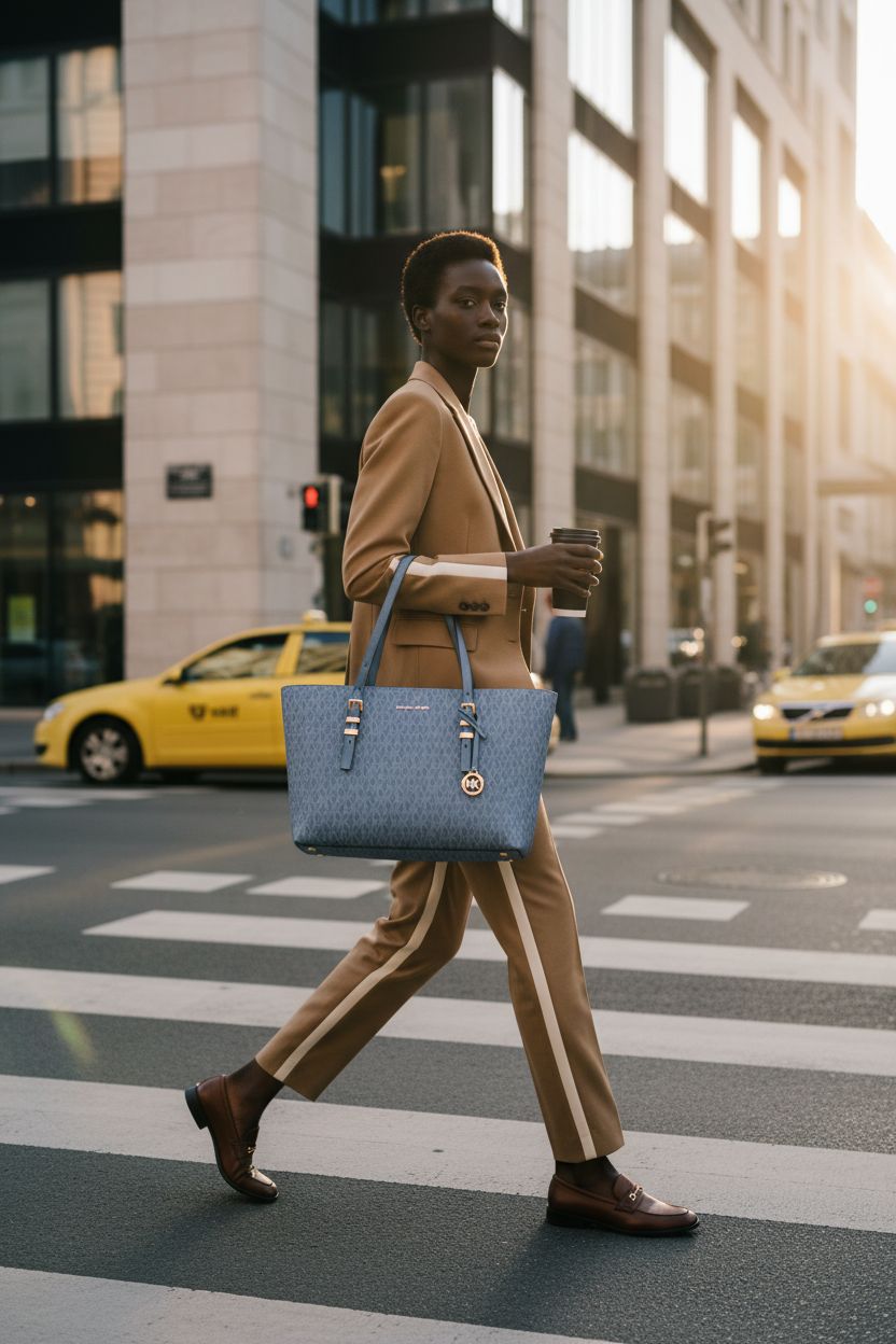Michael Kors French Blue tote worn on shoulder during morning commute