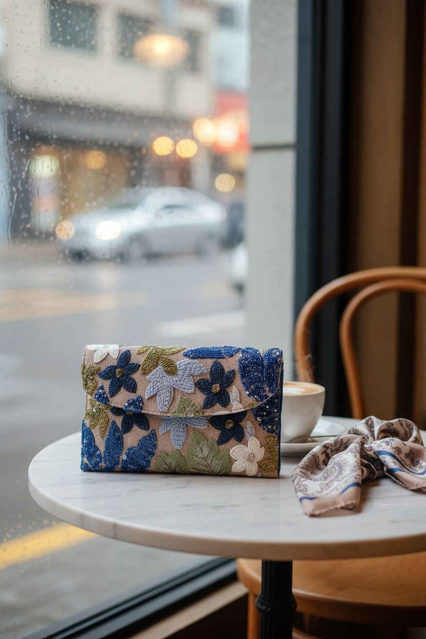 Verdusa blue clutch on marble table with coffee in chic café setting