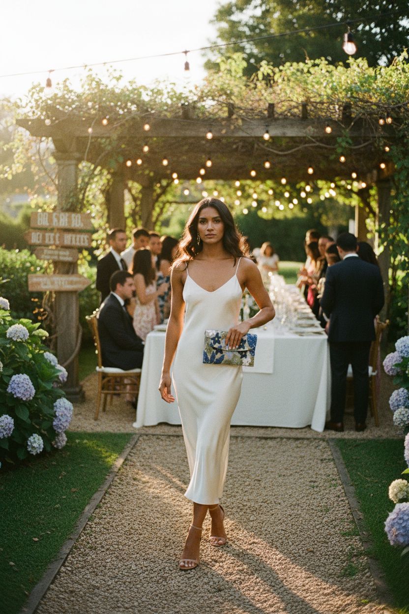 Verdusa blue floral embroidered clutch at garden wedding with glowing lights