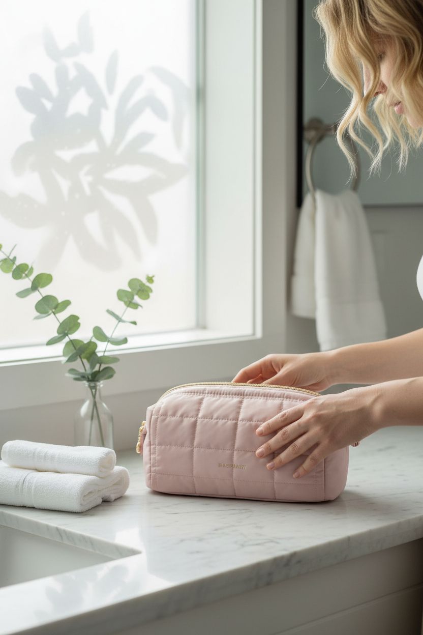BAGSMART blush bag on a marble vanity with spa-like decor and soft lighting.