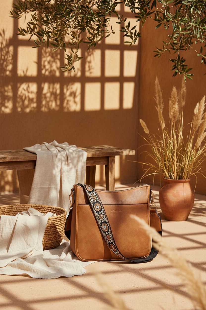 BOSTANTEN brown hobo bag resting on a teak bench in a sunlit courtyard with natural elements.