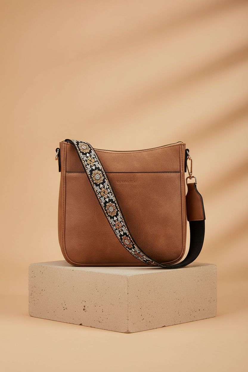 Close-up of BOSTANTEN brown vegan leather bag showcasing texture, stitching, and gold hardware.