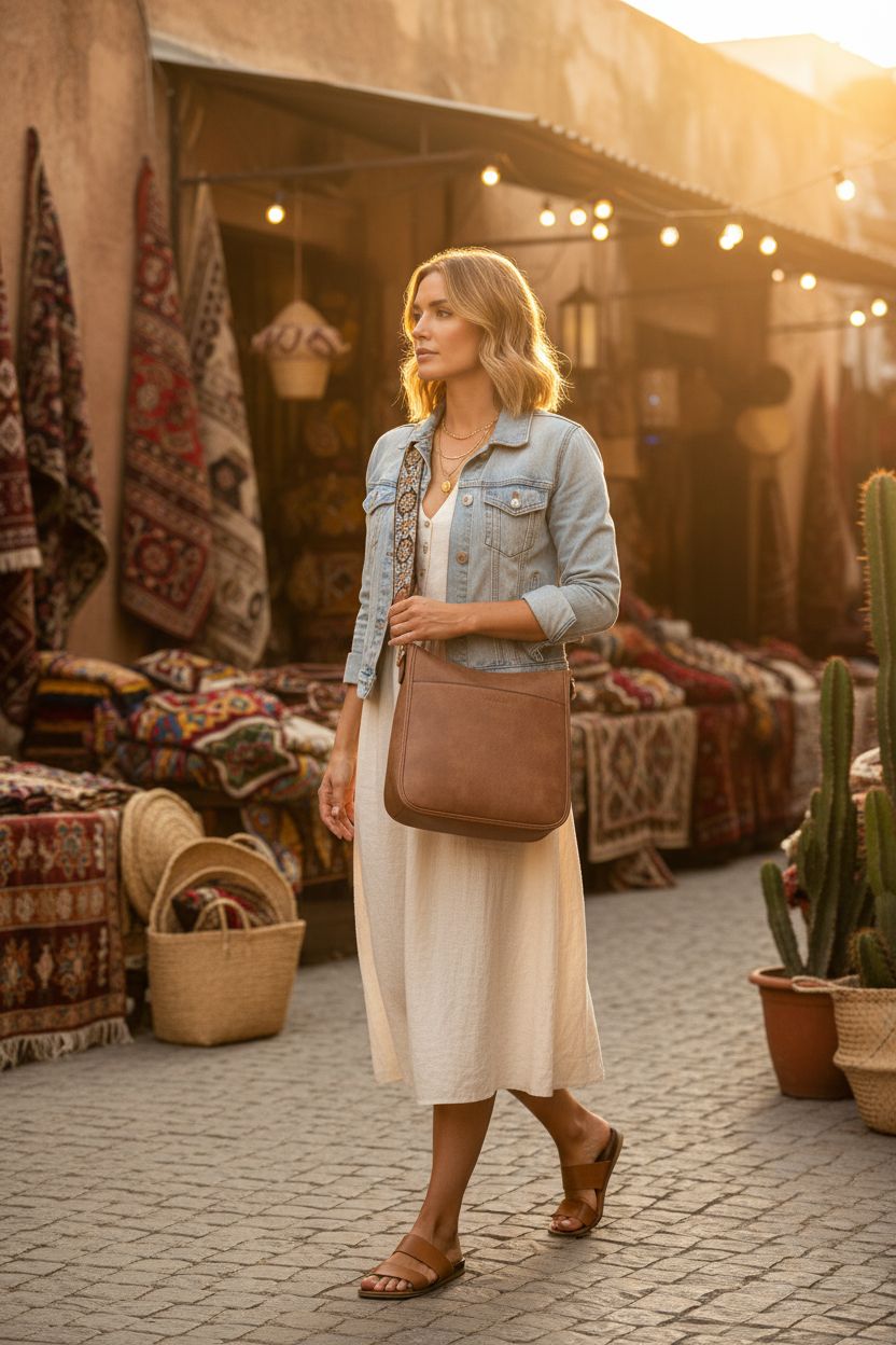 BOSTANTEN brown crossbody bag swaying at hip, set against a vibrant boho street market backdrop.