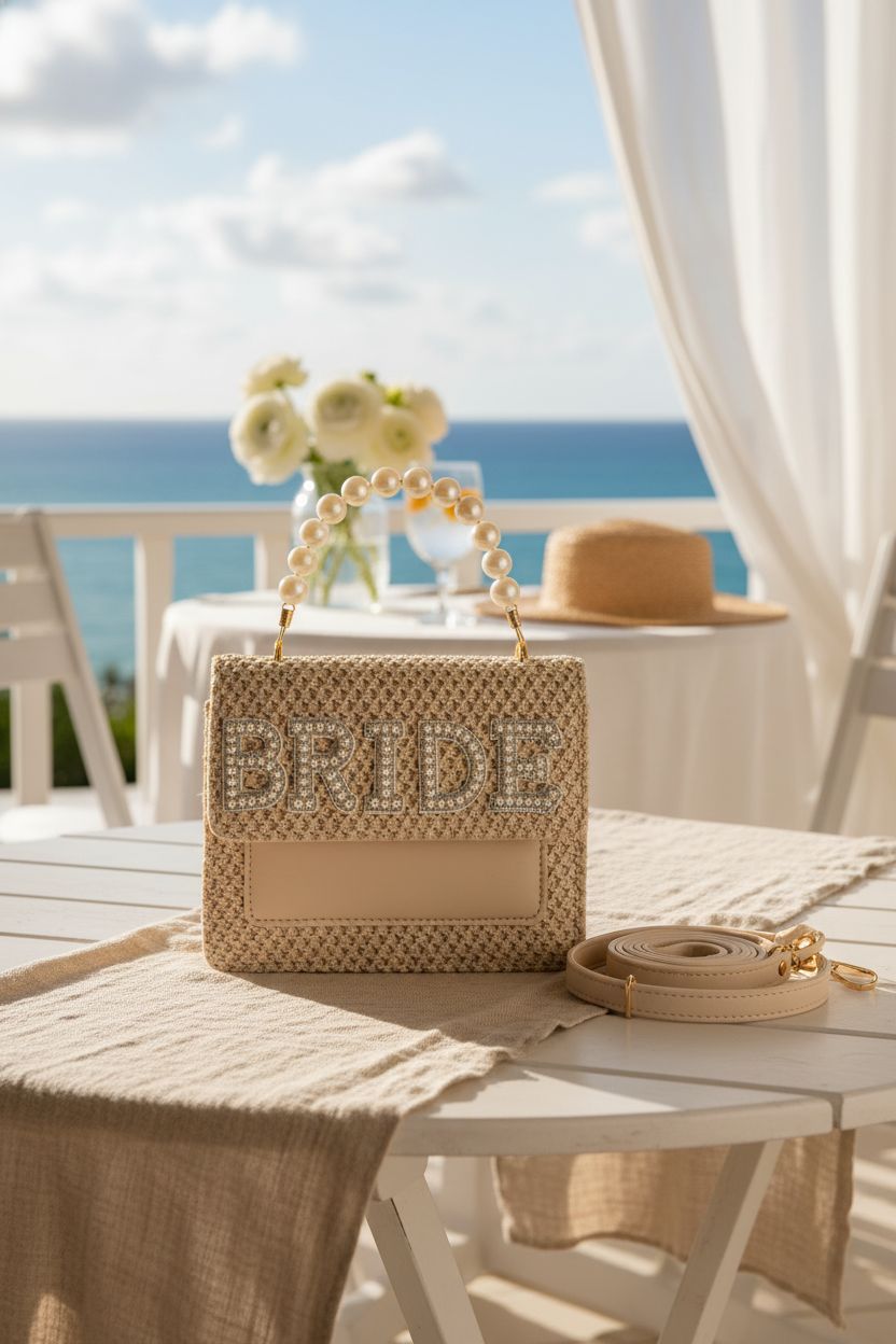 Abbylike bride purse on a sunlit table with floral decor and ocean view