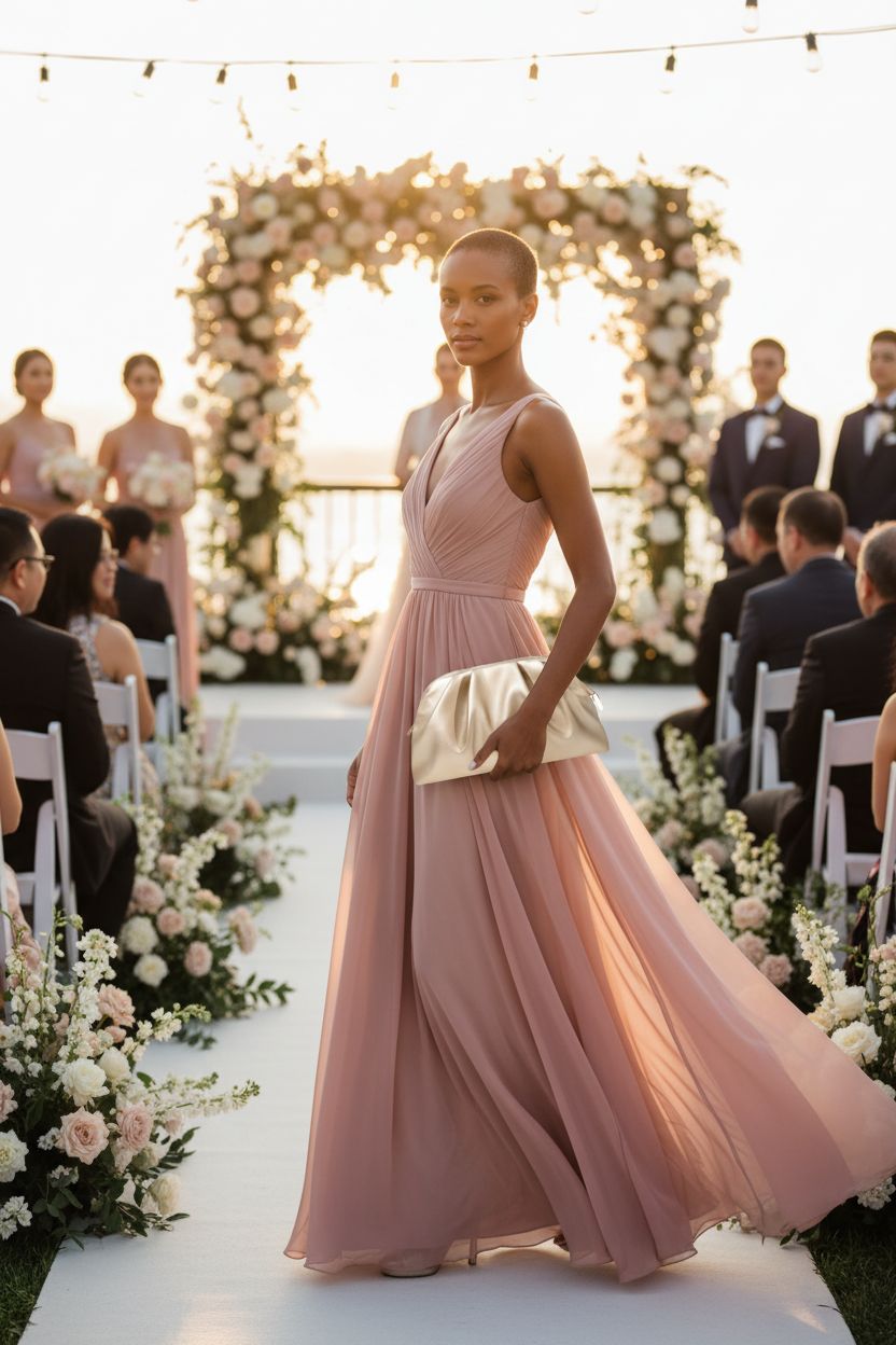 Champagne gold lovyoCoCo clutch held at hip level, complementing a dusty-rose gown at a ceremony.